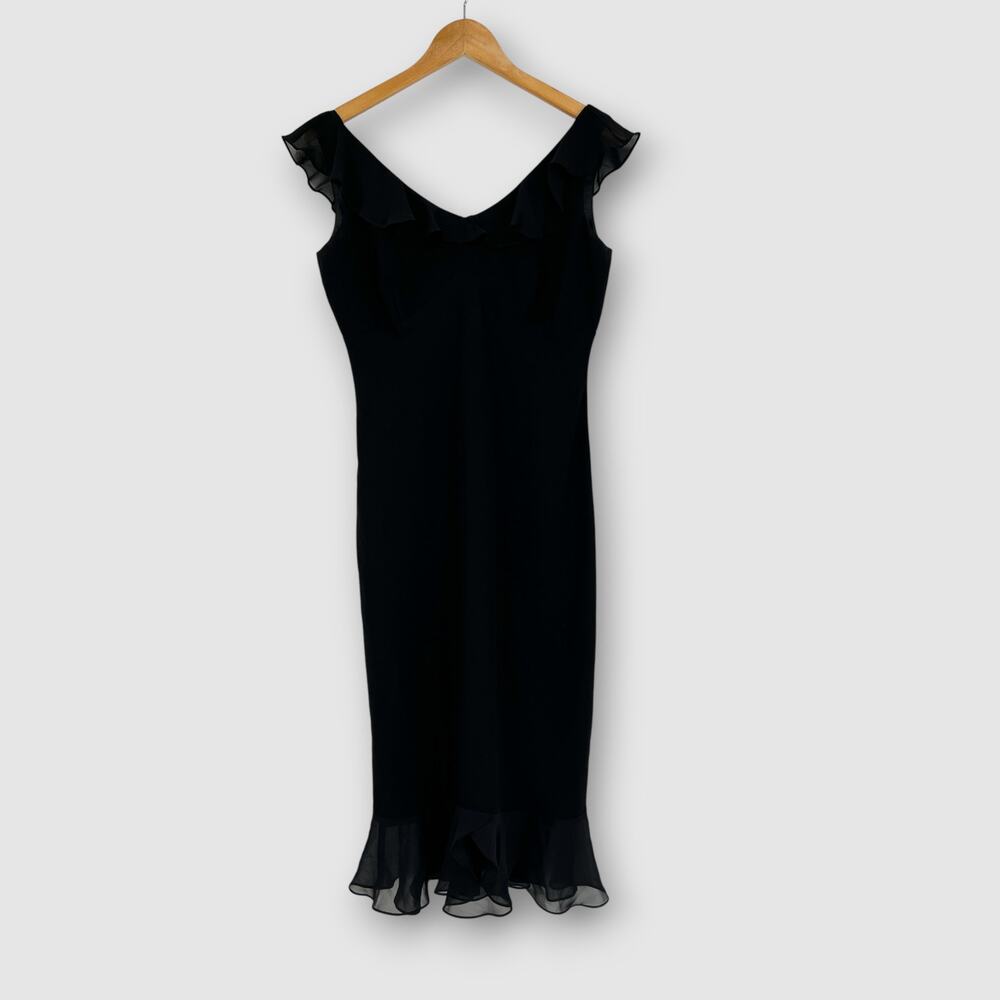 Vintage Evan-Picone Black Ruffle Trim Chiffon Midi Dress Size 8